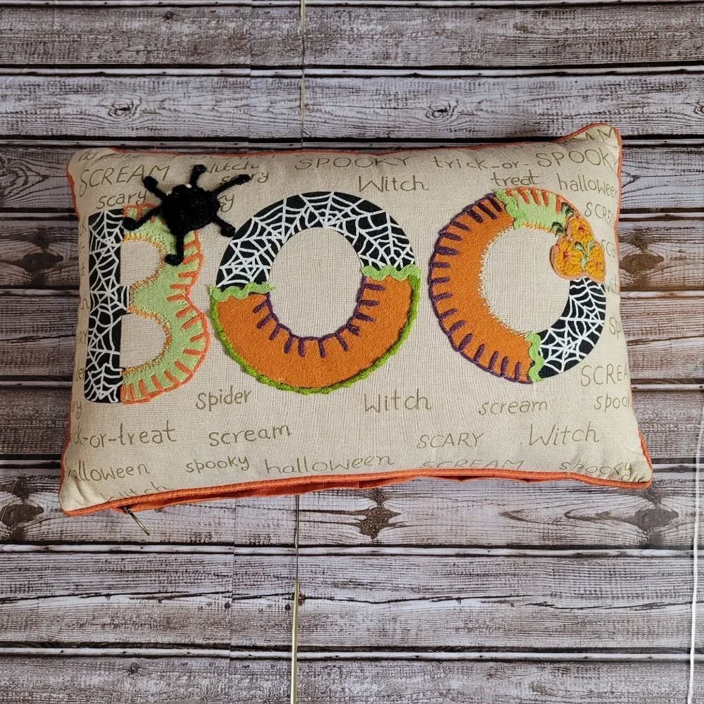 Pier 1 Halloween Boo spellout Spider Multi material pillow 17x11